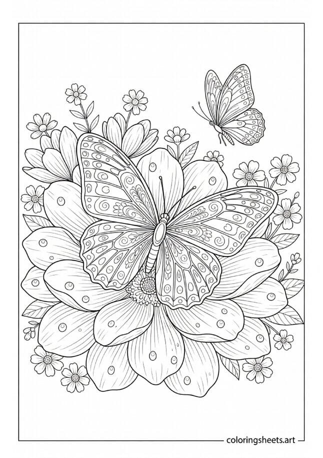 Beautiful spring butterfly with detailed wing patterns on a blooming flower coloring page for kids