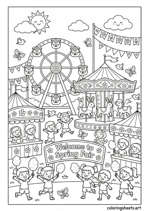 Spring fair carnival with flower Ferris wheel carousel cotton candy and Welcome to Spring Fair sign coloring page for kids