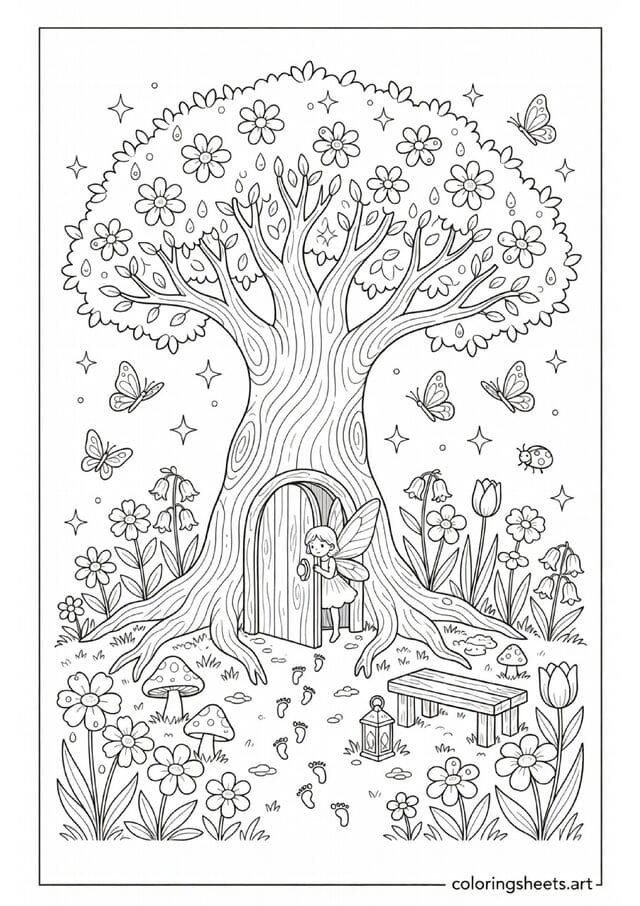 Magical spring fairy door at base of tree with tiny furniture mushrooms flowers and fairy peeking out coloring page for kids