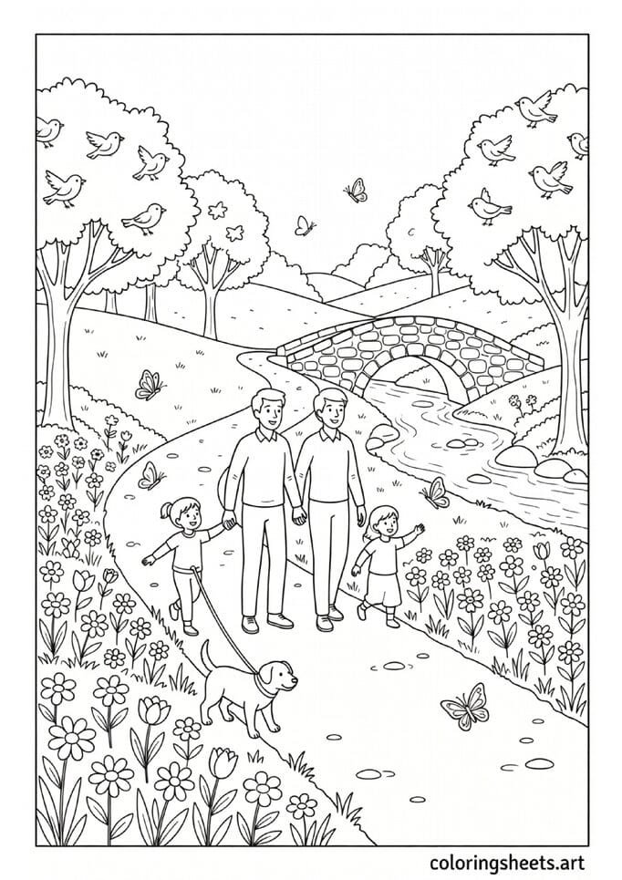Spring family walk on countryside path with dog wildflowers stone bridge and butterflies coloring page for families