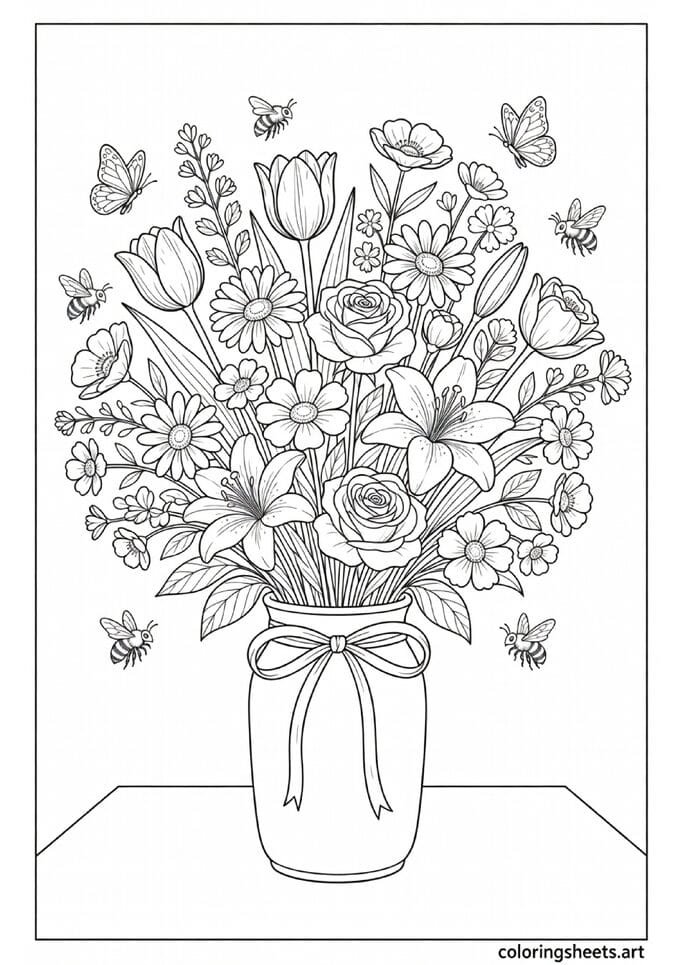 Large spring flower bouquet in vase with tulips daisies roses lilies and butterflies coloring page for kids and adults