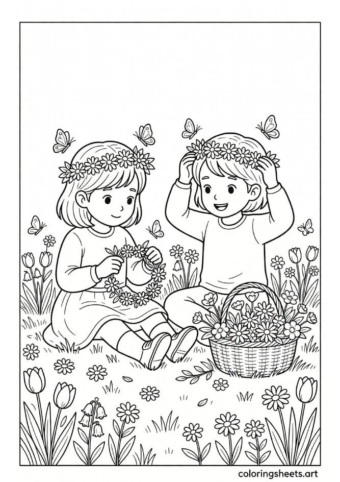 Two children making flower crowns together in spring meadow with daisies wildflowers basket and butterflies coloring page