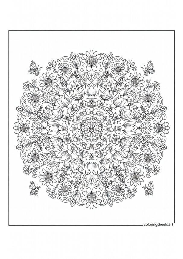 Spring flower mandala coloring page with circular layers of petals leaves and butterflies for older kids and adults