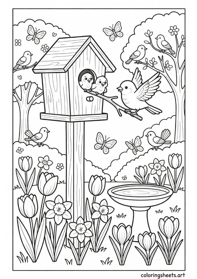 Garden birdhouse with bird family moving in for spring flowers at base bird bath and butterflies coloring page for kids