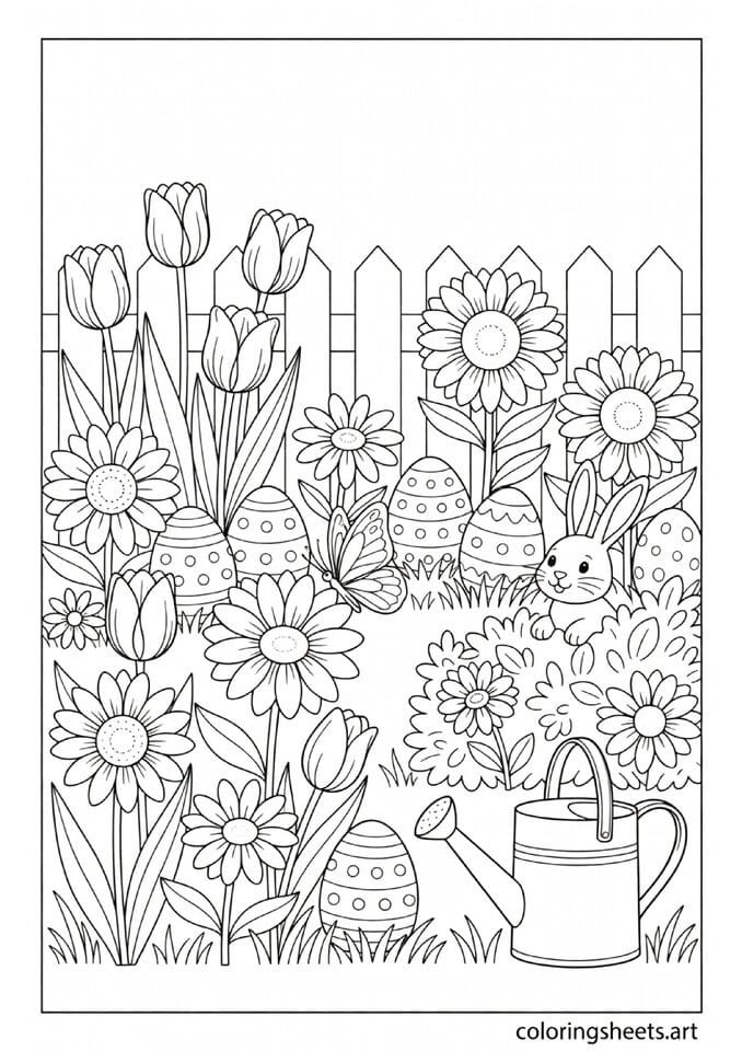 Spring Easter garden coloring page with tulips daisies hidden eggs peeking bunny and butterflies behind a white picket fence — free printable PDF