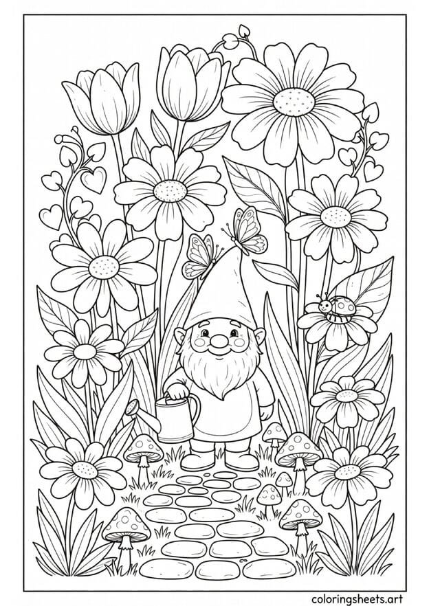Chubby garden gnome with watering can surrounded by giant spring flowers butterfly on hat and mushrooms coloring page for kids