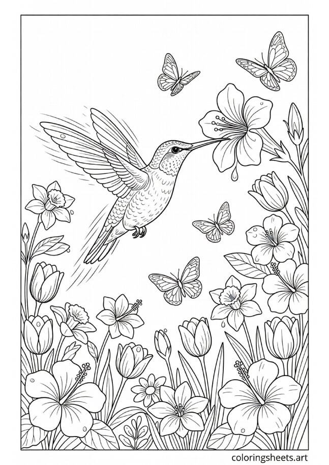 Beautiful hummingbird with motion blur wings hovering at trumpet flower in spring garden coloring page for kids and adults