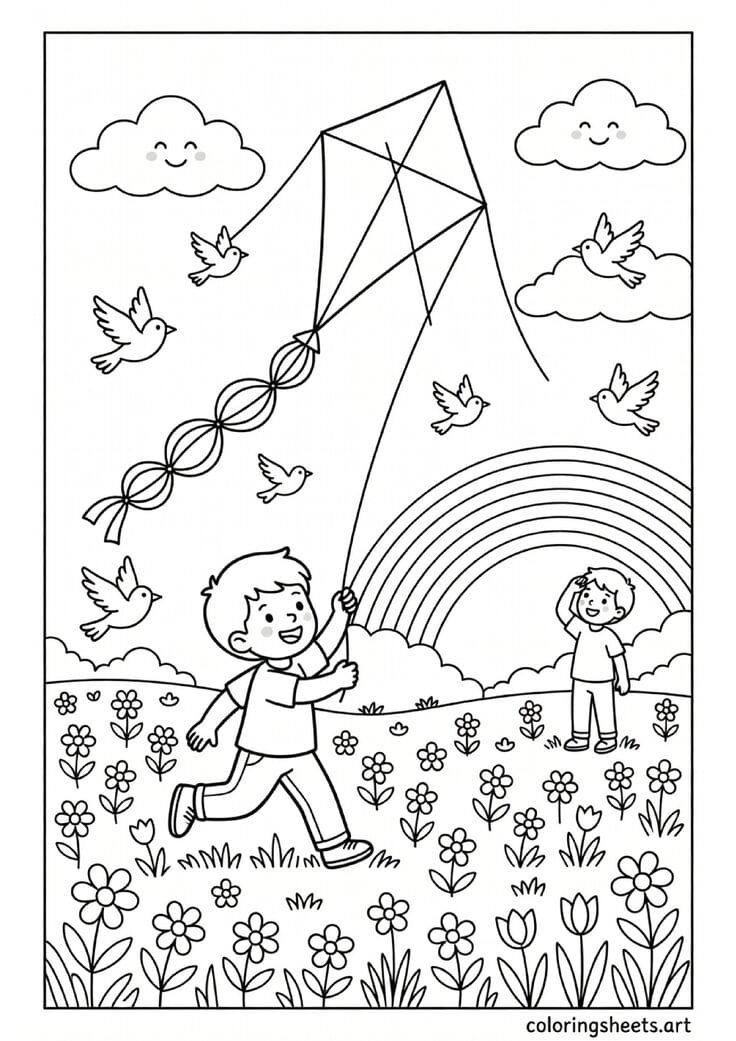 Child running in spring meadow flying a large kite with wildflowers birds and rainbow background coloring page for kids