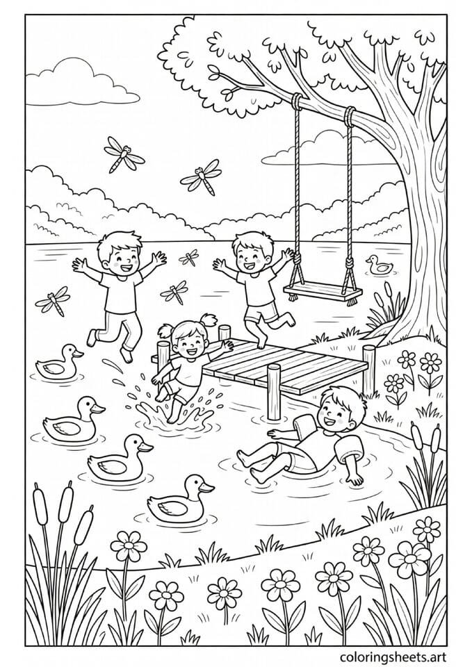 Spring lake swimming scene with kids jumping from dock rope swing ducks and dragonflies coloring page for kids