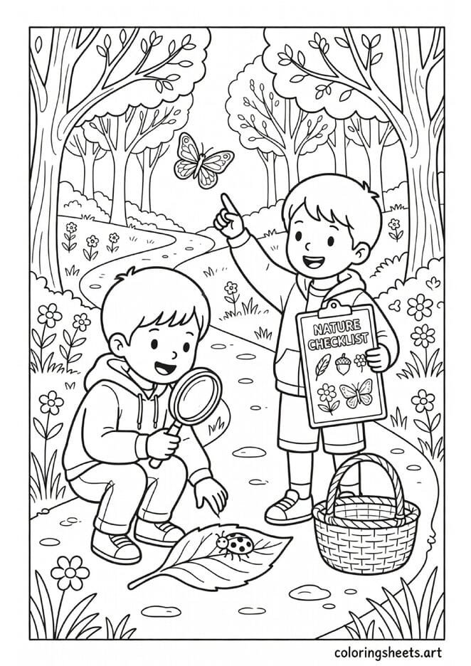 Two children on spring nature treasure hunt with checklist magnifying glass finding ladybug and butterfly coloring page