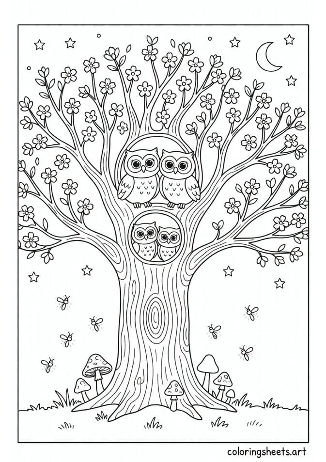 Sweet owl family with baby owlets peeking from tree hollow with spring blossoms and evening fireflies coloring page for kids