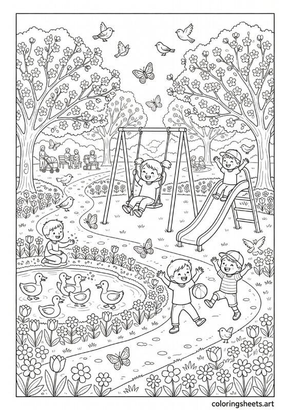 Spring park playground scene with children swinging sliding playing ball feeding ducks under cherry blossom trees coloring page