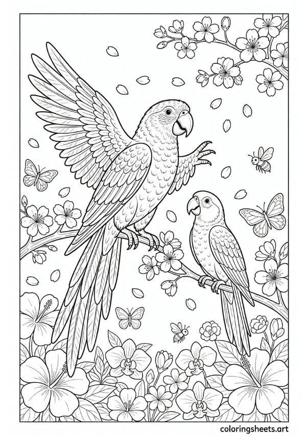 Beautiful detailed parrot with elaborate feathers on spring cherry blossom branch with butterflies coloring page for kids