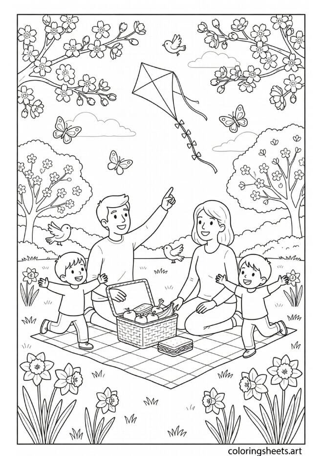Spring picnic family scene in park with checkered blanket kite flying cherry blossoms and butterflies coloring page