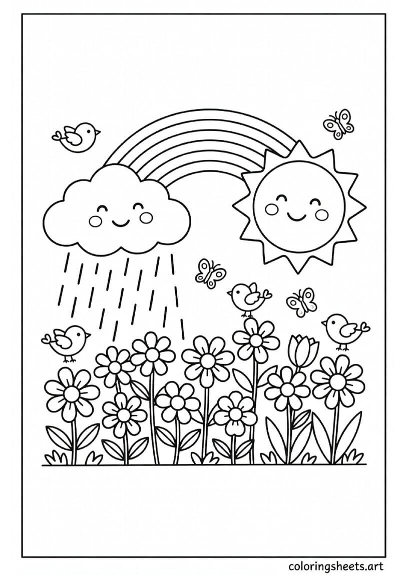Friendly cartoon rain cloud and sun as best friends growing flowers together with rainbow spring coloring page for young kids