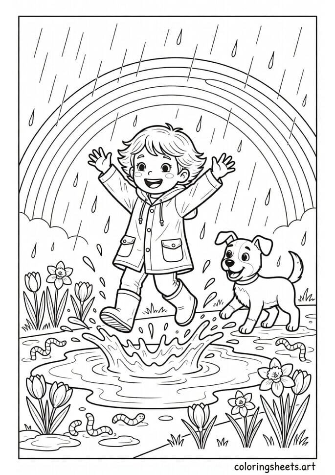 Child in rain boots jumping in spring puddle with rainbow and dog watching coloring page for kids