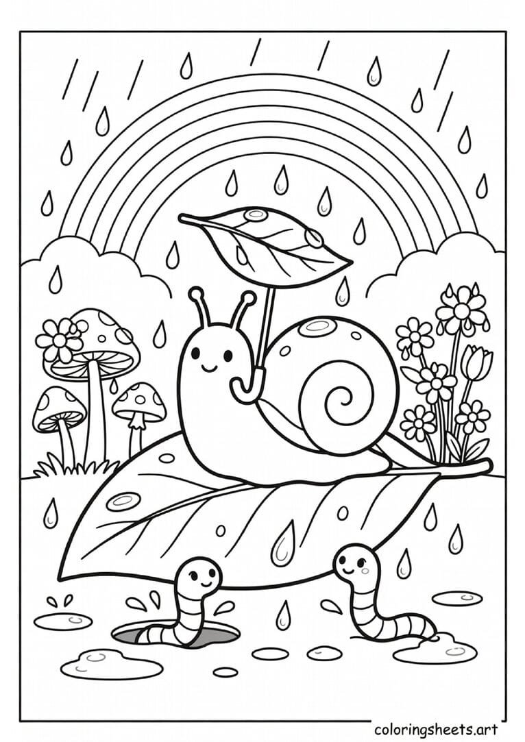 Cheerful cartoon snail using a leaf as umbrella in spring rain with worm mushrooms and rainbow coloring page for kids