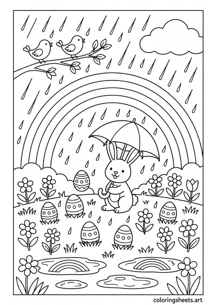Spring rainbow Easter coloring page with bunny holding umbrella Easter eggs in rain and blooming flowers in meadow — free printable PDF