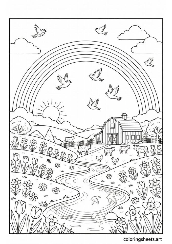 Beautiful spring rainbow arching over rolling hills with farm barn stream and birds flying coloring page for kids