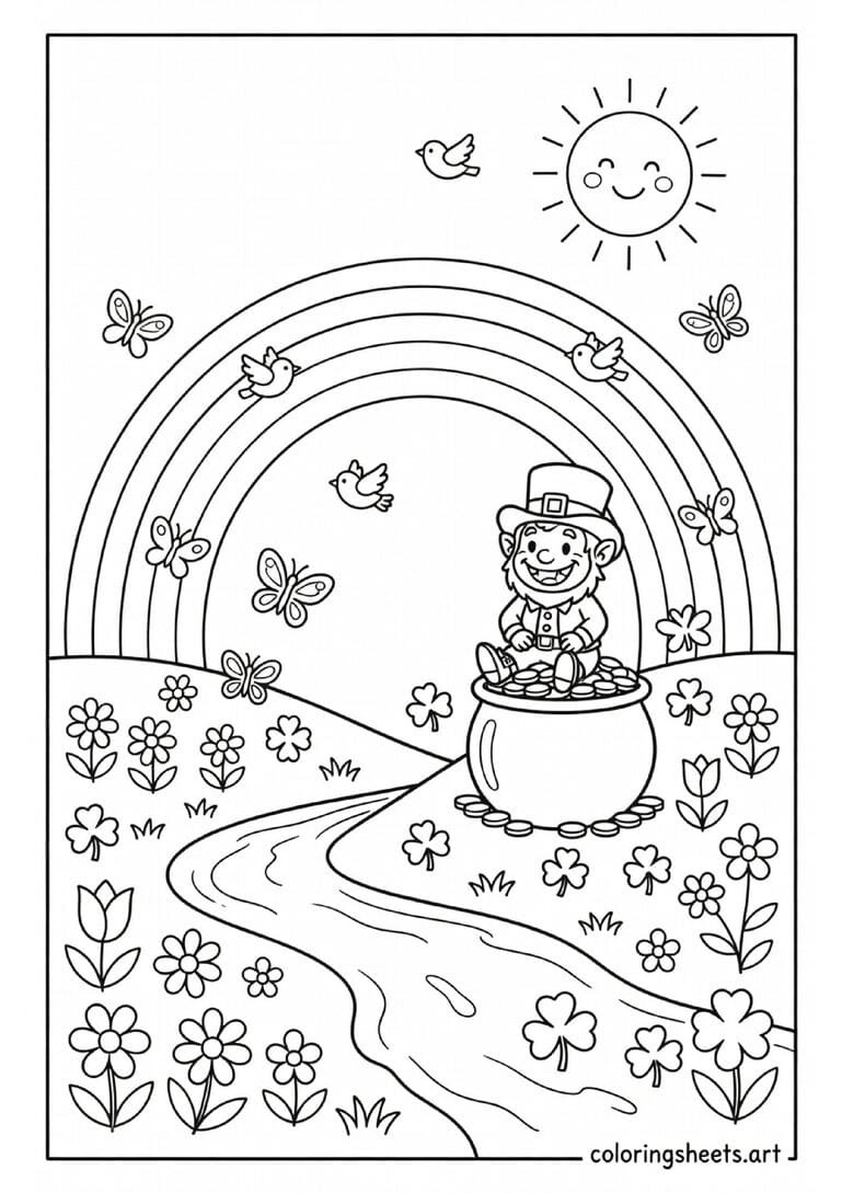 Spring rainbow ending at pot of gold with leprechaun shamrocks flowers and butterflies coloring page for kids