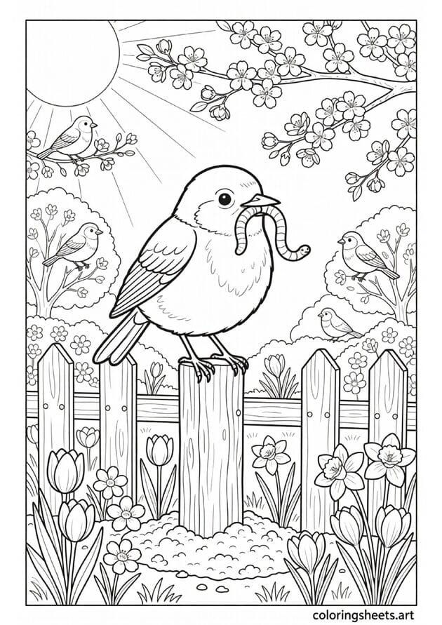 Spring robin bird on garden fence post pulling worm from soil with cherry blossoms and spring flowers coloring page for kids