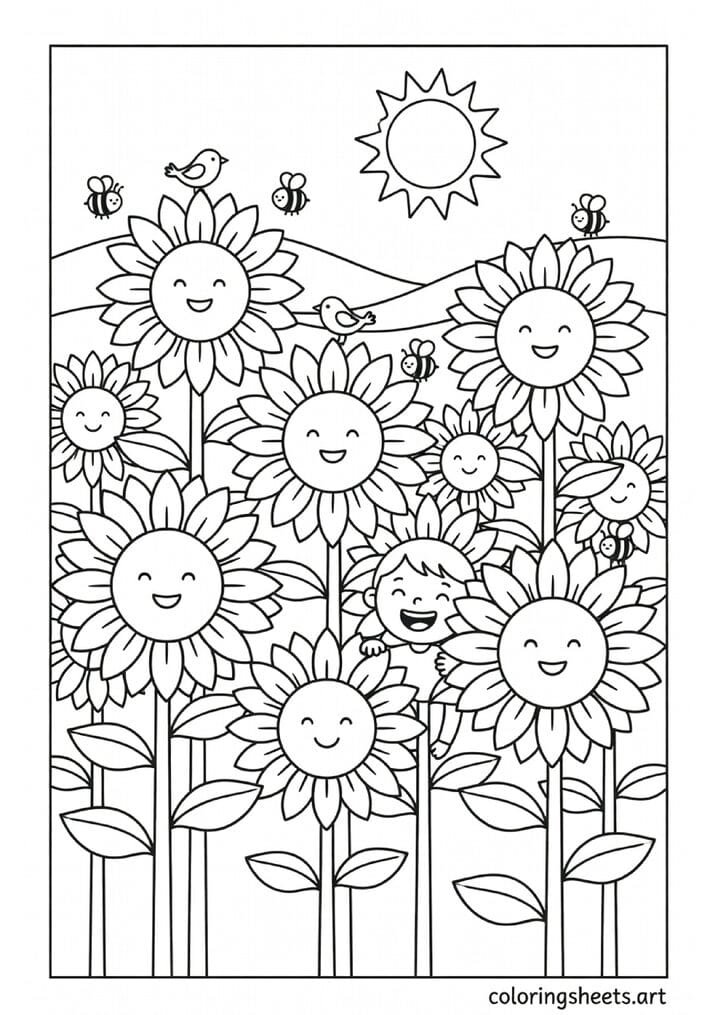 Happy sunflower field with bees child peeking and birds perched on flowers spring coloring page for kids