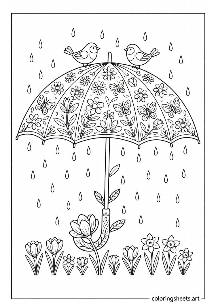 Decorative spring umbrella covered in floral and butterfly patterns with raindrops and birds on top coloring page