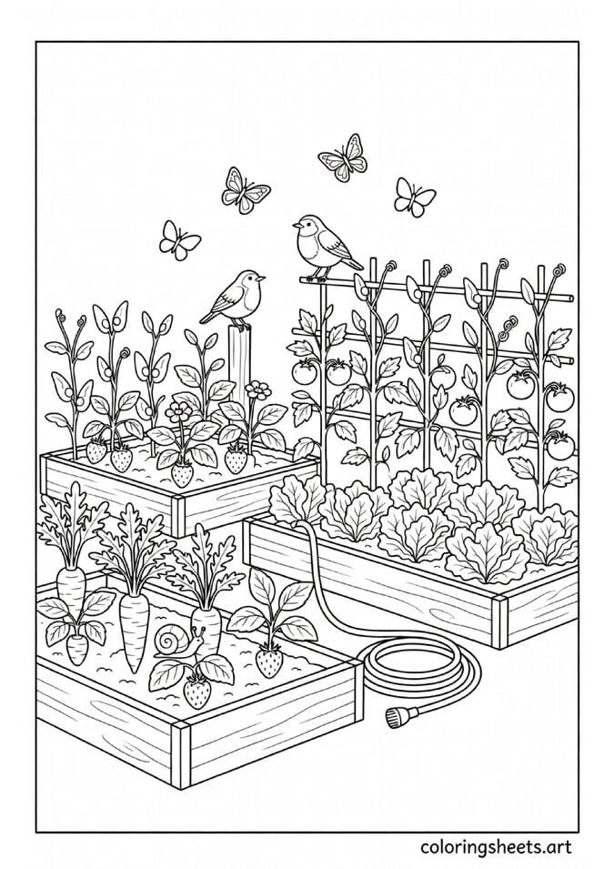 Spring vegetable garden with carrots tomatoes strawberries peas trellis and robin on fence post coloring page for kids