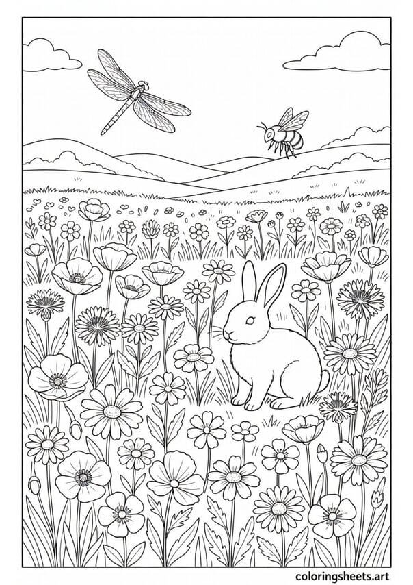 Spring wildflower meadow with rabbit dragonfly bumblebee poppies daisies and clover coloring page for kids