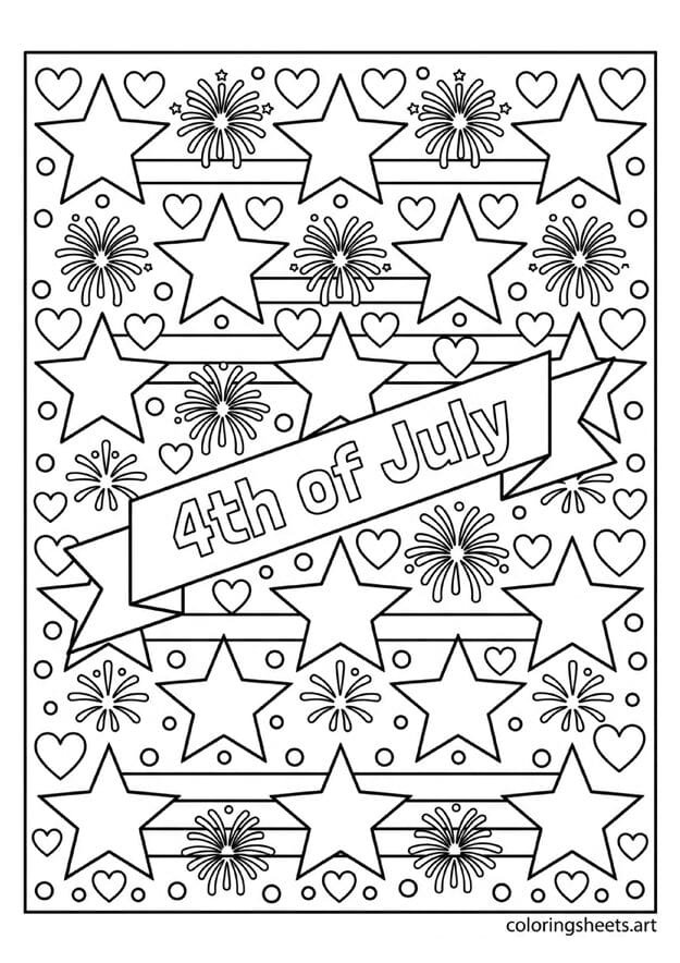 Bold 4th of July pattern with large stars stripes rows fireworks bursts and 4th of July diagonal ribbon banner coloring page — free printable PDF