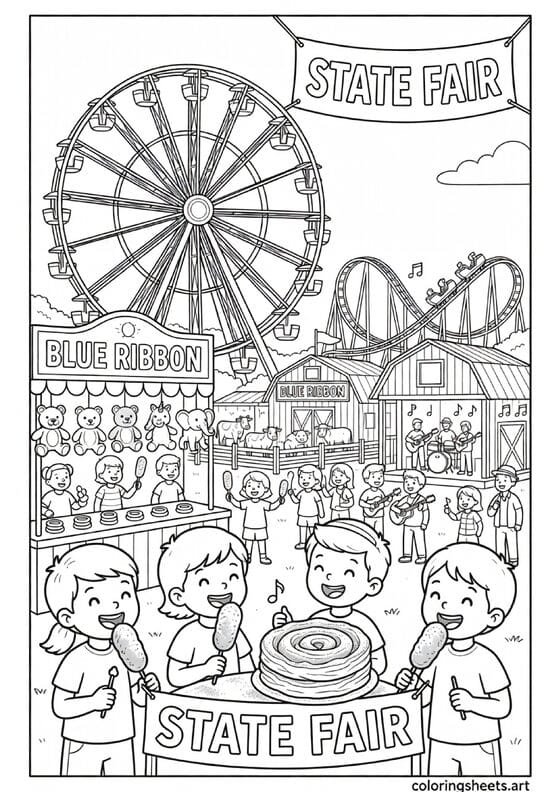 Classic American state fair with Ferris wheel corn dogs carnival game booth roller coaster 4-H livestock barn and bandstand summer coloring page — free printable PDF