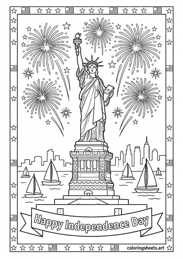 Statue of Liberty with Fourth of July fireworks sailboats New York City skyline and Happy Independence Day banner coloring page — free printable PDF