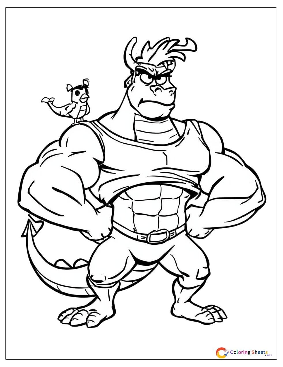 Funny cartoon muscle dragon superhero coloring page flexing huge arms with tiny bird sidekick , free printable PDF for kids