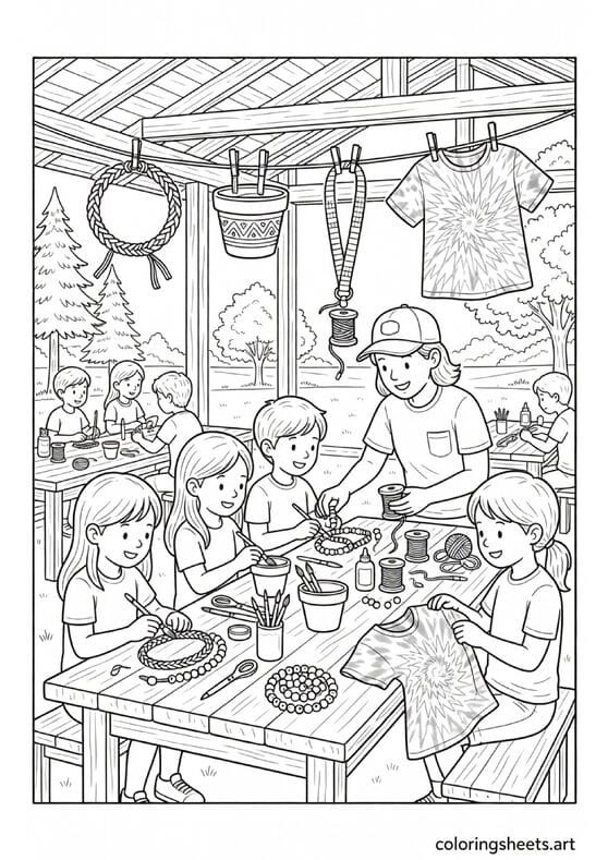 Summer camp arts crafts session with friendship bracelets tie-dye shirts pottery painting and crafts drying on line coloring page — free printable PDF