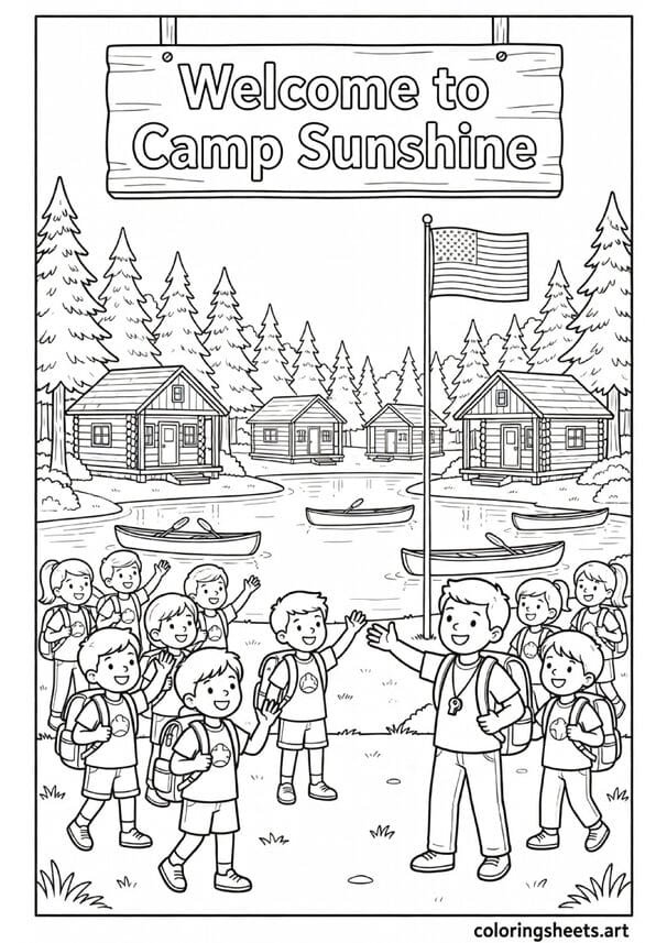 Classic American summer camp cabins in pine forest by lake with kids arriving Welcome to Camp Sunshine sign and canoes coloring page — free printable PDF