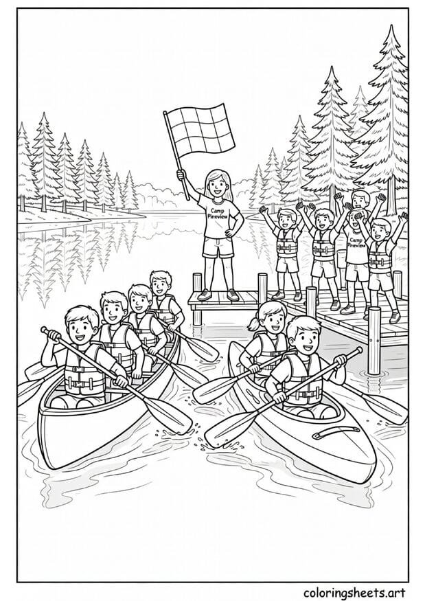 Summer camp canoe race on lake with two teams paddling counselor at finish line and campers cheering from dock coloring page — free printable PDF