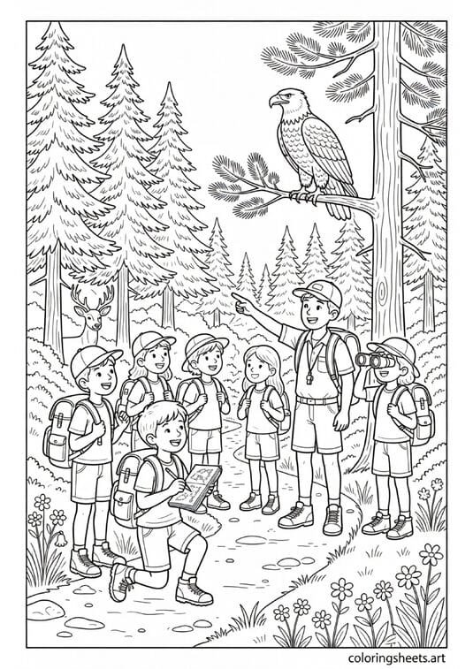 Summer camp nature hike with campers spotting bald eagle counselor pointing nature journal binoculars and deer in pine woods coloring page — free printable PDF