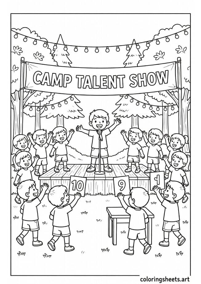 Summer camp talent show with camper performing on stage microphone counselor judges score cards cheering audience and Camp Talent Show banner coloring page — free printable PDF