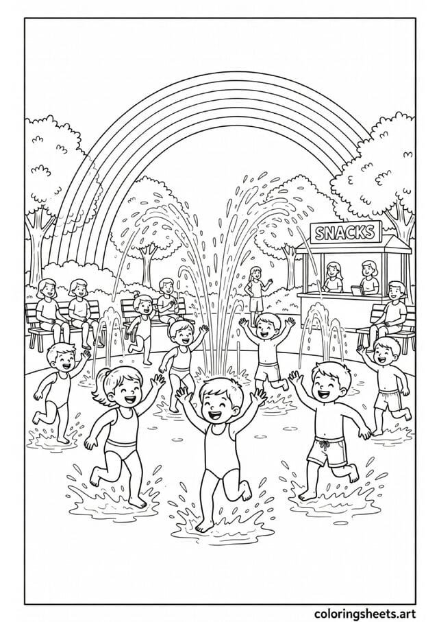 American summer splash park with kids running through water jets rainbow in spray parents on benches and concession stand coloring page — free printable PDF