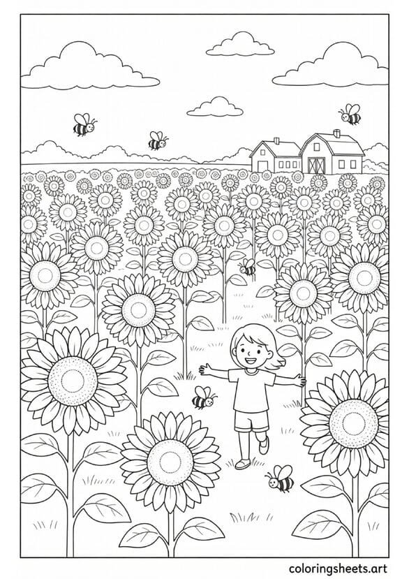 American summer sunflower field with child walking through rows bees butterflies farmhouse and red barn summer coloring page — free printable PDF