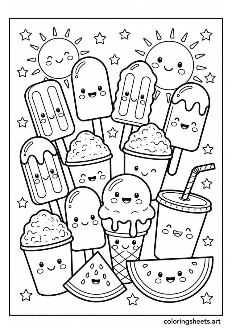 Collection of cute cartoon American summer treats popsicles snow cones lemonade watermelon and ice cream with faces summer coloring page — free printable PDF