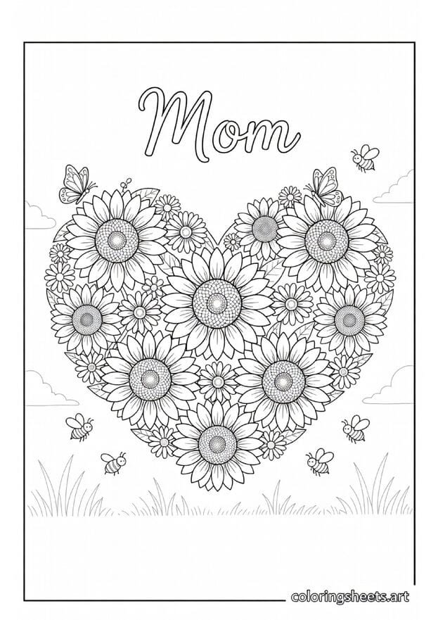 Heart shape formed entirely of sunflowers and daisies with Mom script and butterflies Mothers Day coloring page for kids — free printable PDF