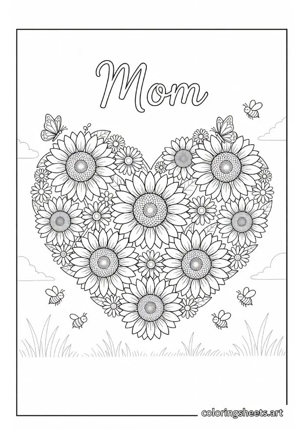 Heart shape formed entirely of sunflowers and daisies with Mom script and butterflies Mothers Day coloring page for kids — free printable PDF