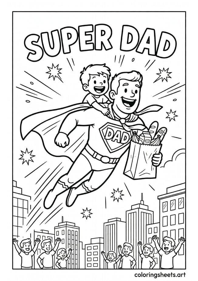 Super Dad cartoon in superhero cape flying over city with child on back groceries and Super Dad comic letters Fathers Day coloring page — free printable PDF