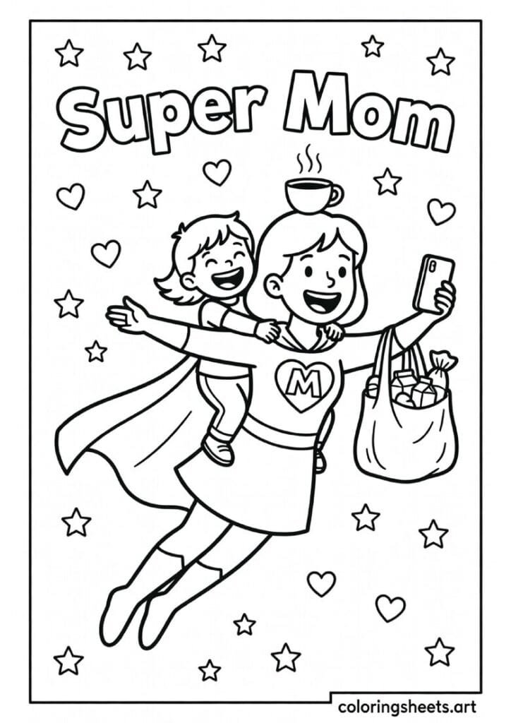 Super Mom cartoon in superhero cape flying while carrying groceries phone and coffee with child on back Mothers Day coloring page — free printable PDF