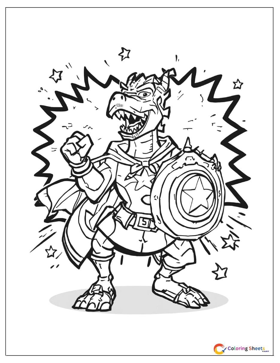 Cartoon superhero dragon coloring page with cape and shield in hero landing pose with comic book action lines , free printable PDF for kids