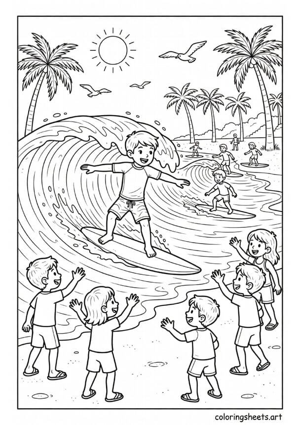 Kid surfing big wave on surfboard with friends cheering from shore palm trees and sun summer coloring page — free printable PDF