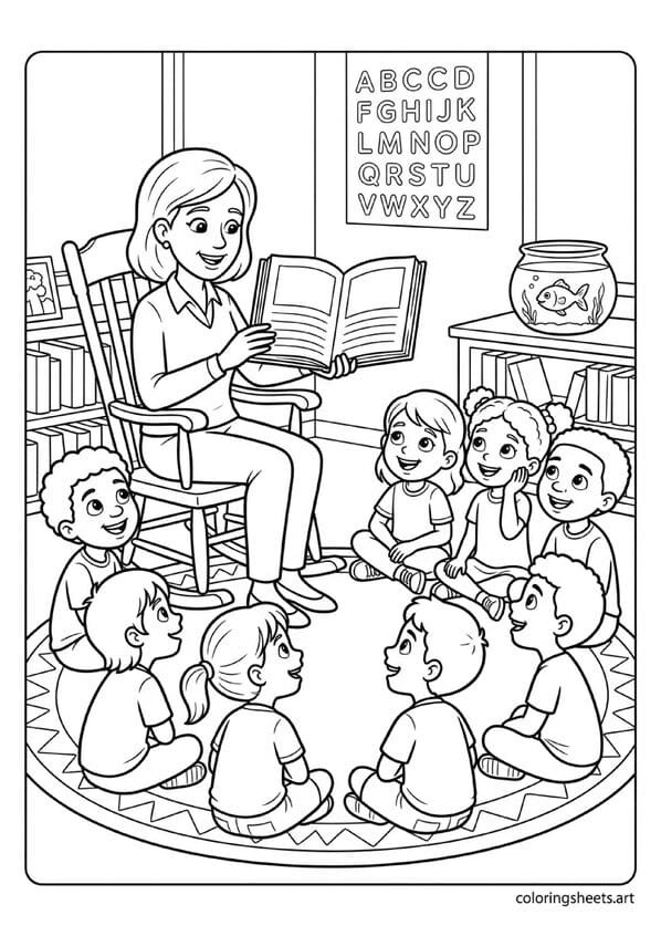Teacher in rocking chair reading picture book to students on reading rug with ABC chart fish tank back to school coloring page — free printable PDF