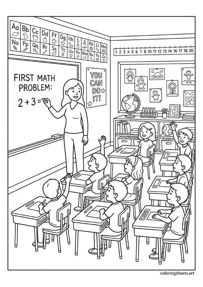 Friendly teacher at chalkboard with students raising hands alphabet chart and You Can Do It poster back to school coloring page — free printable PDF