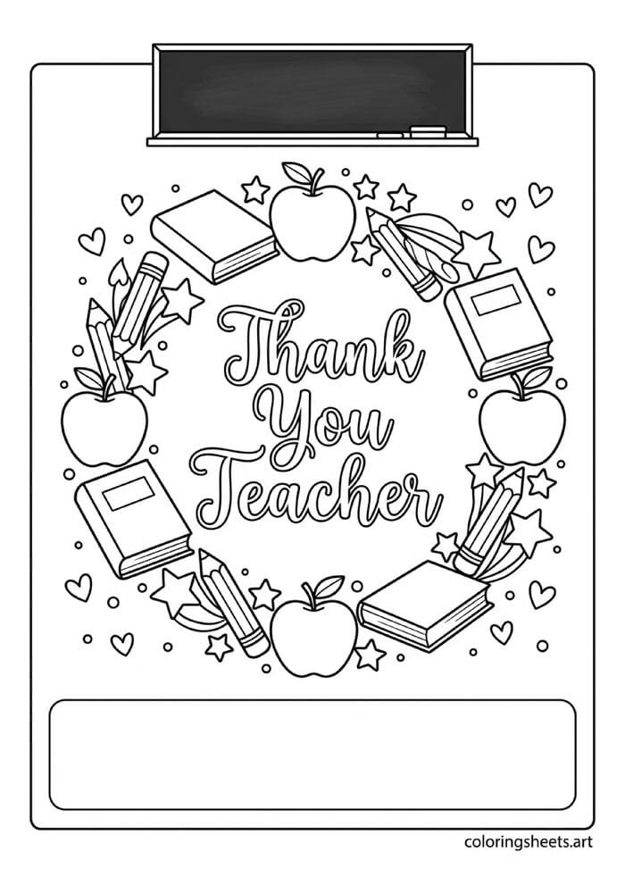 Thank You Teacher greeting card coloring page with apple book pencil star wreath and personal message space back to school — free printable PDF for kids